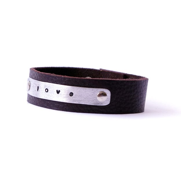 Dark brown narrow leather bracelet "love"